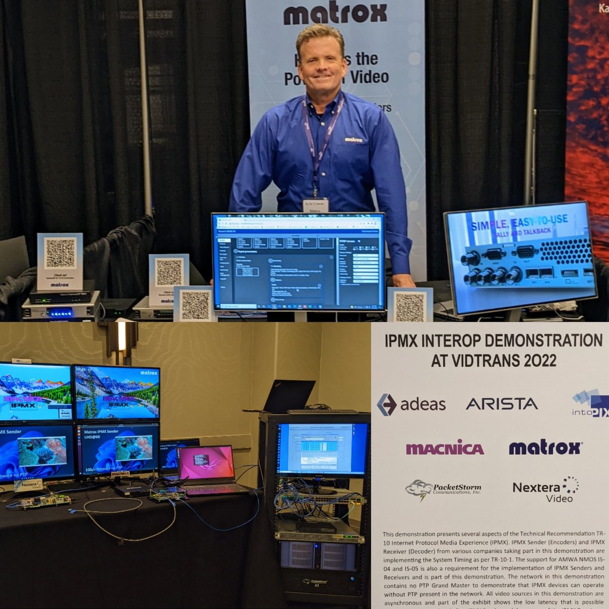 kylecowan's tweet photo. If you are in Los Angeles today or tomorrow come see Matrox at #VidTrans2022 at the Marina Del Rey Marriott. Along with our booth we are part of the #IPMX interop demo showing on the main stage. Exhibits are FREE to the public starting at 10am! Come see me! #REMI #ConvertIP https://t.co/nIH9eUIpDa