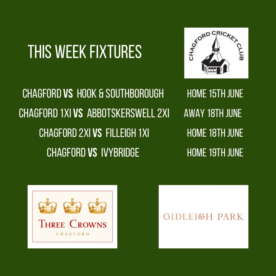 Chagford Cricket Club (@chagfordcc) on Twitter photo This weeks fixtures for Chagford CC (seniors).
Midweek T20:
Home vs <a href="/hooksouthboro/">Hook & Southborough</a>
Weekend league:
1s are away vs <a href="/AbbotsCC/">Abbotskerswell CC</a> while the 2s are home to <a href="/FilleighCC/">Filleigh CC</a>
T20 Cup:
We are home to <a href="/ivybridgecc/">Ivybridge Cricket</a>
#idontlikecricketiloveit #devoncricketleague #devoncricket This weeks fixtures for Chagford CC (seniors).
Midweek T20:
Home vs <a href="/hooksouthboro/">Hook & Southborough</a>
Weekend league:
1s are away vs <a href="/AbbotsCC/">Abbotskerswell CC</a> while the 2s are home to <a href="/FilleighCC/">Filleigh CC</a>
T20 Cup:
We are home to <a href="/ivybridgecc/">Ivybridge Cricket</a>
#idontlikecricketiloveit #devoncricketleague #devoncricket