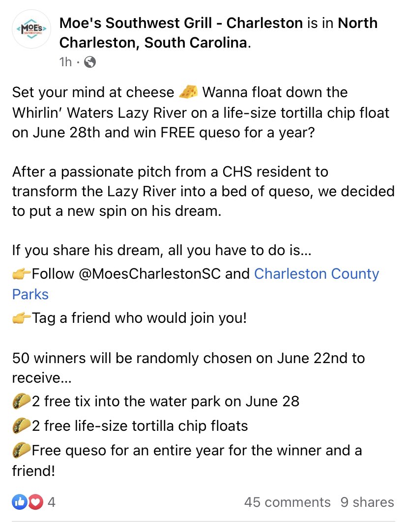 Y’all…we decided to make this happen! (Kind of)

Head over to the <a href="/Moes_HQ/">Moe's Southwest Grill</a>-Charleston Facebook page for your chance to win 2 Whirlin’ Waters Passes, 2 tortilla chip floats and free Moe’s queso for a year!