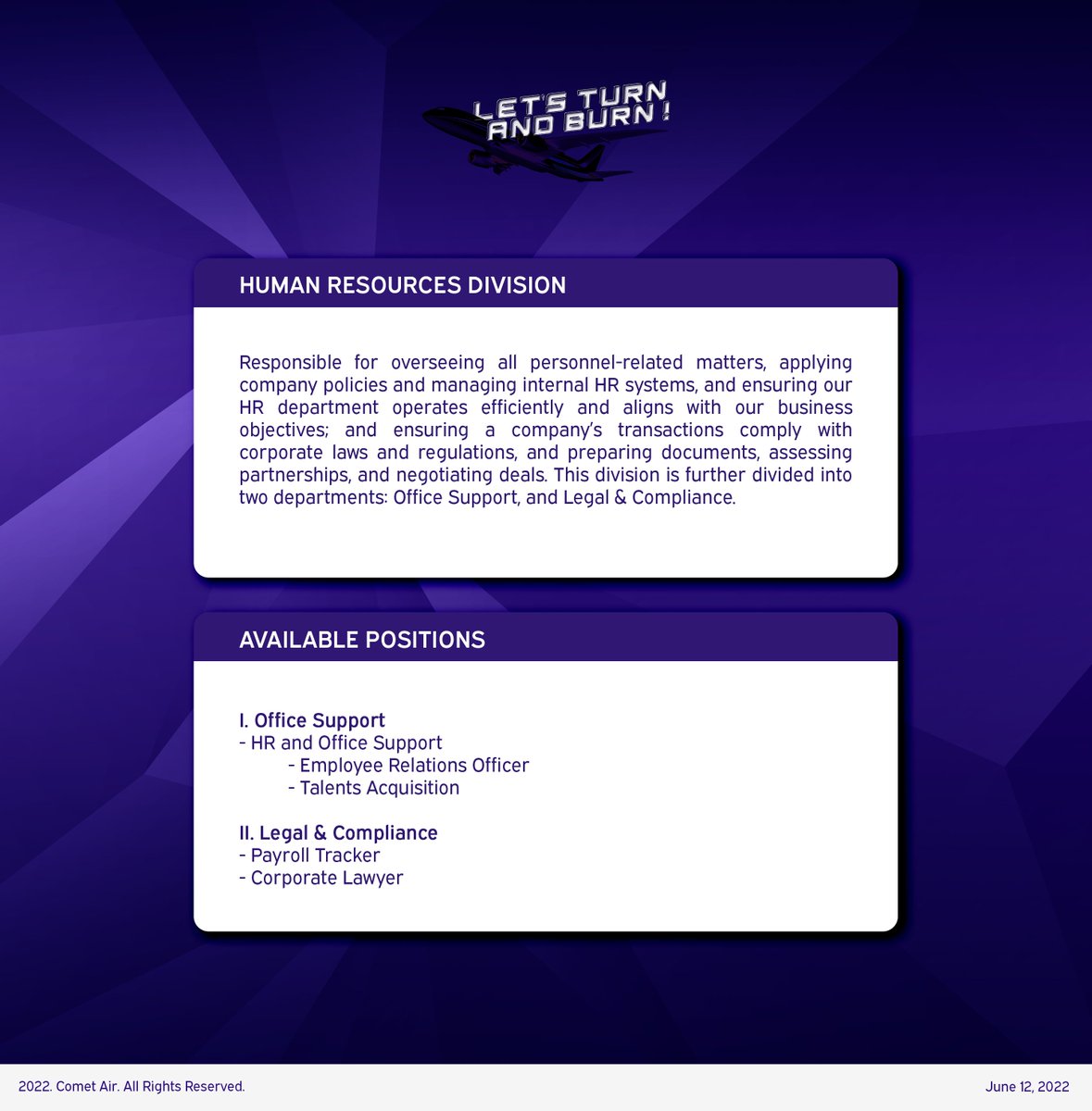 ㅤ

A new frontier awaits! It's never too late to learn new things, and we're here to be your guide.

More information about the core responsibilities of our friends in OFFICE SUPPORT can be found below. Apply now: tinyurl.com/TheAirline
ㅤ
ㅤ