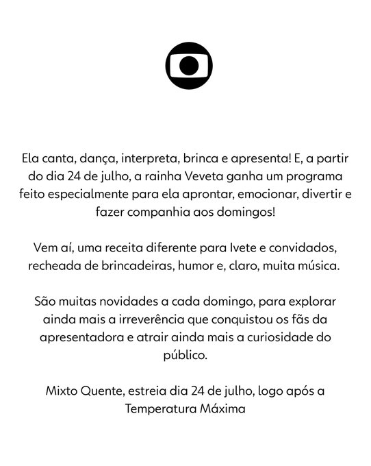 IveteUpdate's tweet photo. Ivete Sangalo estreará novo programa "Mixto Quente" no dia 24/07 na tela da Rede Globo. https://t.co/pFDiT9pIvm
