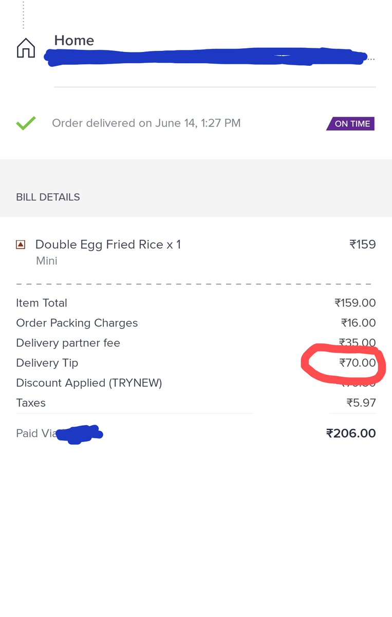 MrSumax's tweet photo. Hey @SwiggyCares , @swiggy_in I'm seeking transparency in your tipping protocol; do 100% of tips (tax?) go to your delivery partners? Today I gave a ₹70 tip, delivered by a @rapidobikeapp  contractor; does he also get the same tip? https://t.co/6qwd29lMus