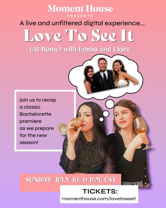 we’re doing it live!!! join us Sunday, July 10 as we recap the Bachelorette season 11 premiere  (Kaitlyn vs. Britt) live from our couch. there will be tears! laughter! memories! come hang with us! 🍷🌹🛋 

momenthouse.com/lovetoseeit