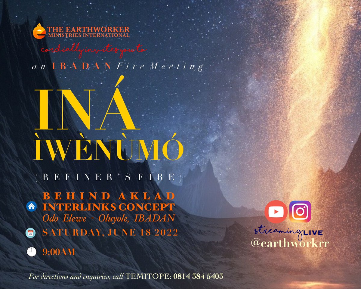 earthworkrr's tweet photo. This Saturday!
It will be raining fire on our older folks! If you have a parent who served God and needs a place to refresh, the Lord has made a space for them.
Young folks are also invited!
#ibadan #Refiner #Fire #earthworkers https://t.co/GLKWf1BTx4