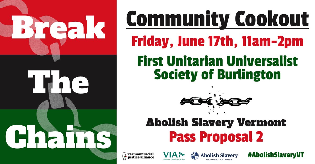 We're teaming up with <a href="/VermontAllies/">Vermont Racial Justice Alliance</a> for a free community cookout Friday to support #AbolishSlaveryVT! Grab a free scoop of ice cream &amp; learn about #Proposal2, which will clarify VT's condemnation of slavery in the VT constitution. Learn more: facebook.com/events/1046789…