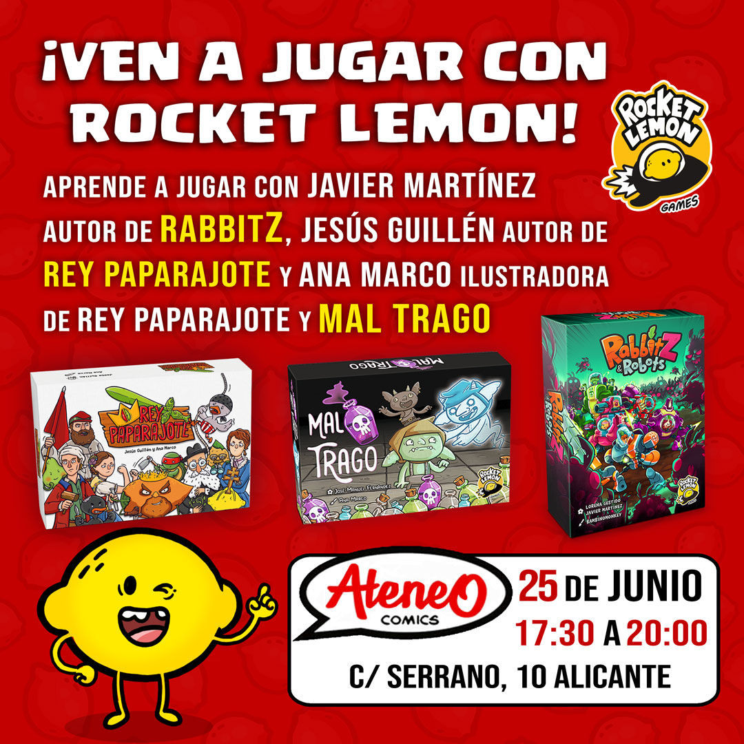 📆¿Cuándo y dónde?🏪
🔹Sábado 18 de Junio de 11:30 a 13:30h en <a href="/educania/">Educania</a> (Murcia) y de 17 a 20h en <a href="/FreeKtime_GVR/">FreeKtime_G&VR</a> (Cartagena) 
🔹Sábado 25 de 11 a 14h en GTS (Alicante) y de 17:30 a 20h en <a href="/ateneocomics/">Ateneo Cómics</a> (Alicante) 
🔥🤘¡OS ESPERAMOS!🤘🔥

#MalTrago #RabbitZ 
#RocketLemon🚀🍋