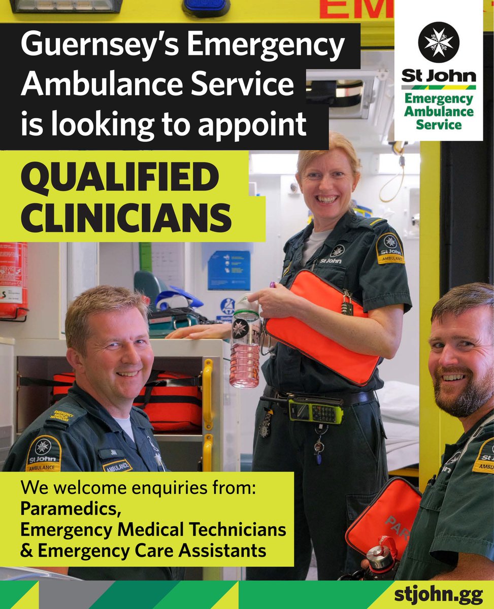 SJARS_Guernsey's tweet photo. JOB ALERT: We're looking for qualified clinicians to join Guernsey's Emergency Ambulance Service. 
Read more https://t.co/eeAltlRUHR
Email your CV to laura.kanjere@stjohn.gg
@govgg @CareersGuernsey @HSCJobsGuernsey @jobsgg https://t.co/YpFUKdznTH