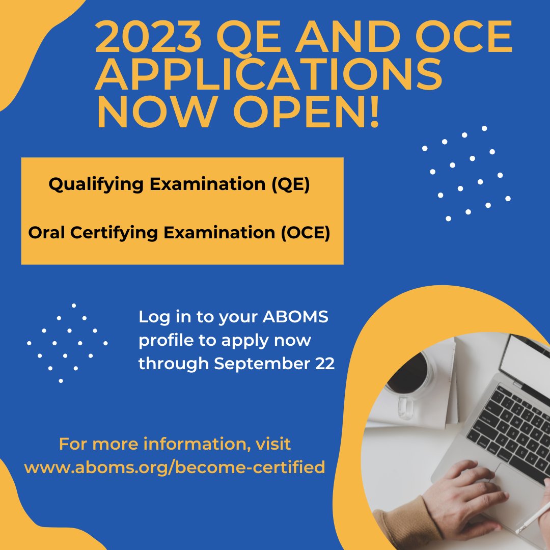 American Board of Oral and Maxillofacial Surgery (@aboms) on Twitter photo Attention, those seeking Board Certification! 
2023 QE and OCE applications are now open through September 22. Visit aboms.org/become-certifi… for more information. Attention, those seeking Board Certification! 
2023 QE and OCE applications are now open through September 22. Visit aboms.org/become-certifi… for more information.