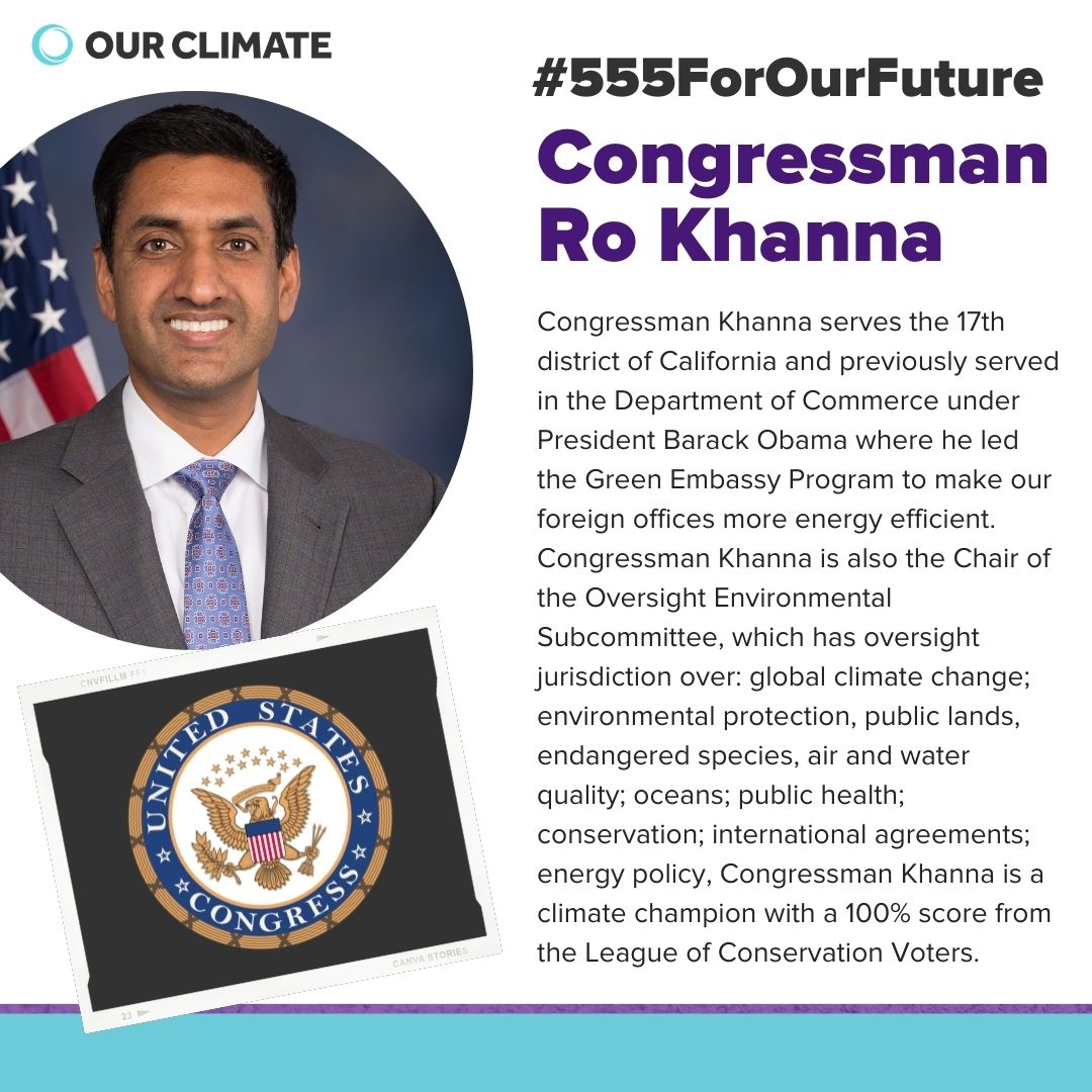ourclimateus's tweet photo. We’re excited to announce our Climate Rally keynote speakers are Congressman @reprokhanna and @ERuleDC Professor at @americanuniversity. Whether you attend via Livestream on IG live or rally with us at the Capitol, we hope you’ll join us tomorrow 12-1 pm EST! #555ForOurFuture https://t.co/dDPbUib1np
