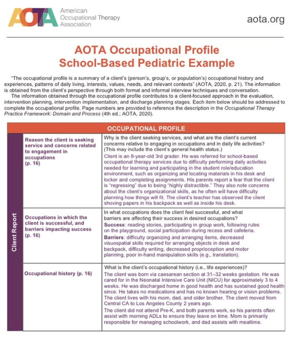 otkrysti's tweet image. The OT Practice Framework: Domain &amp;amp; Process, 4th edition (OTPF-4) states every occupational therapy #evaluation includes the #occupationalprofile &amp;amp; analysis of #occupationalperformance.
I wrote a #pediatric #schoolbasedOT example using the new OTPF-4 here: bit.ly/3MxeO4r