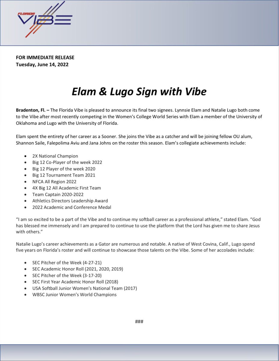 The 2022 Florida Vibe select, NATALIE LUGO, pitcher, University of Florida

Welcome the newest member of the Florida Vibe, NATALIE LUGO, officially SIGNED for 2022! #feelthevibe #americasteam <a href="/D1Softball/">D1Softball</a> <a href="/softballamerica/">Softball America</a> <a href="/ExtraInningSB/">EXTRA INNING SOFTBALL</a> @JustinsWorldSB <a href="/GatorsSB/">Gators Softball</a> <a href="/natalieglugo/">Natalie Lugo</a>