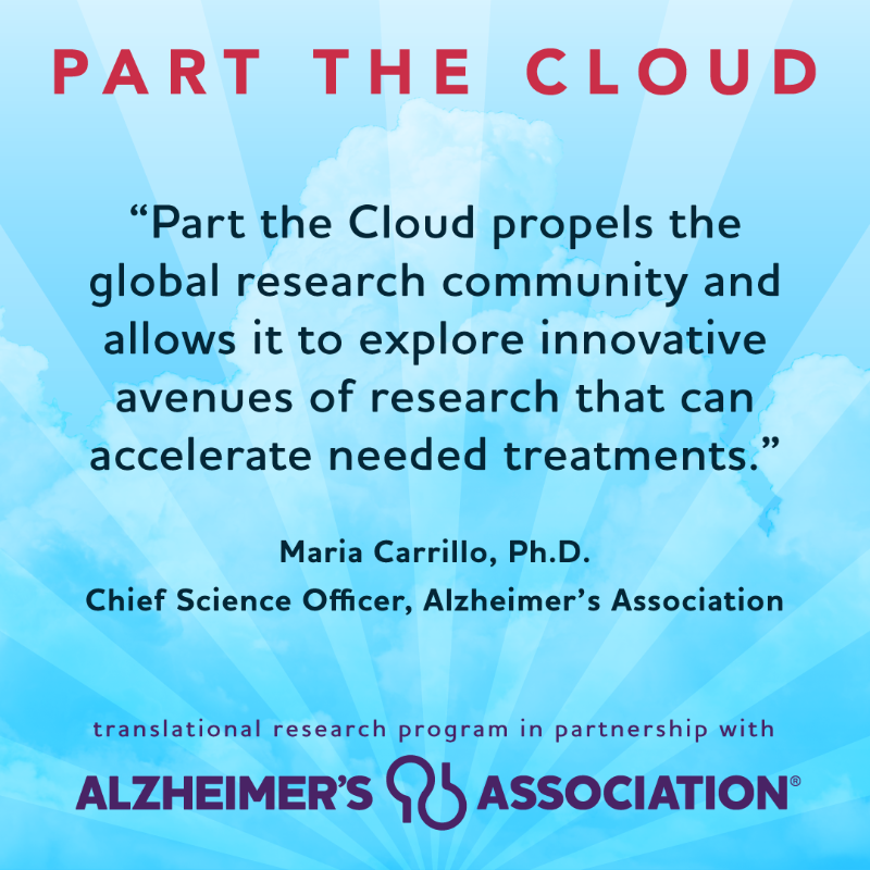 alzassociation's tweet photo. Part the Cloud propels high-risk, high-reward research aimed at uncovering brain changes, timely diagnosis and new treatments. Join the movement: https://t.co/dCyP6giPFV https://t.co/NSM9xPj2jL