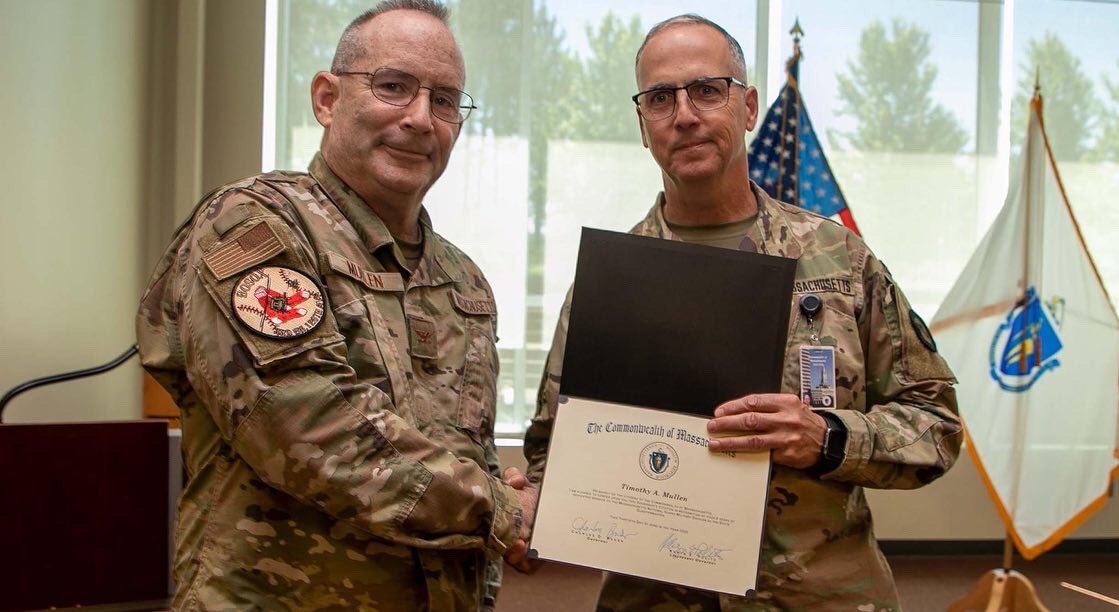 TheNationsFirst's tweet photo. Col. Timothy A. Mullen, who will soon retire from the Massachusetts National Guard Military Division, was presented the Governor's Citation by Brig. Gen.(RET) Frank Magurn, on behalf of Governor Charlie Baker, for Col. Mullen's dedicated service as State Quartermaster, June 14. https://t.co/055PzrOhLM