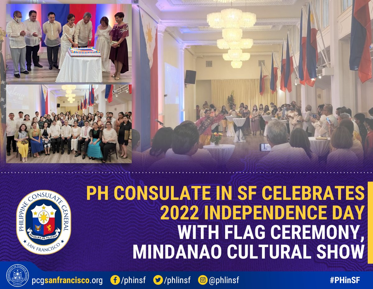 PHLinSF's tweet photo. Consul General Ferrer to the Filipino Community: I encourage you to remain active especially in efforts to accelerate our national development... and in endeavors that will raise the profile of the Philippines in the U.S.

READ: https://t.co/4IOCBxKn6t

#Kalayaan2022 
#PHinSF https://t.co/nZafiYDtly
