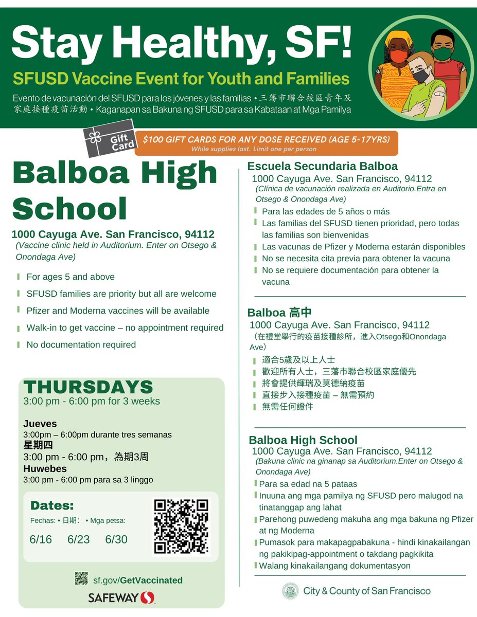 SF_DPH's tweet photo. Our Balboa High School @SFUnified pop-up has been extended through June! Youth ages 5 to 17 can drop-in today (and every Thursday) from 3 pm to 6 pm for their vax or booster and receive a $100 gift card for their families, while supplies last. βοΈπΆοΈπ #VaccinateSF #GetBoostedSF https://t.co/OLkWPmucyY
