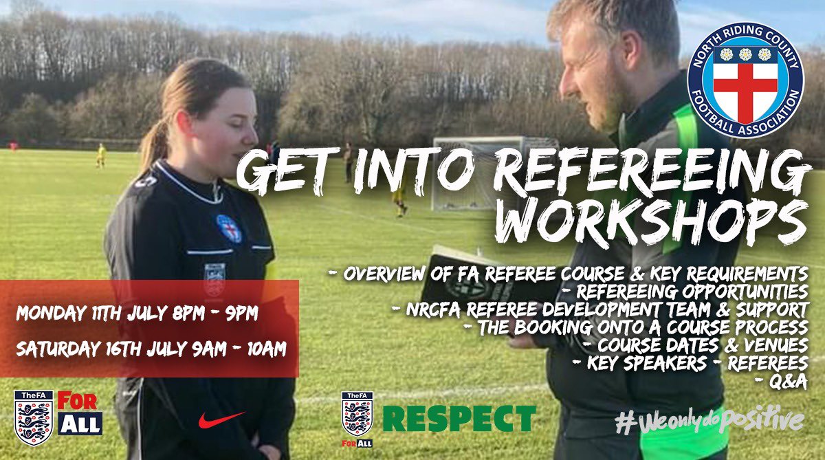 We’re hosting 2️⃣ ‘Get Into Refereeing Workshops’ during July for prospective new candidates &amp; parents ⤵️

If you are considering taking up the whistle, please drop us an email👇

support@northridingfa.com 

We will then send the zoom links for you to attend 👍

#NRCFAREFDEV