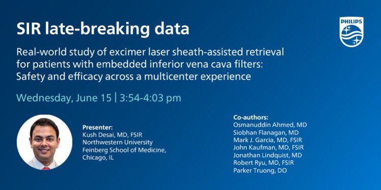 vleepjones's tweet photo. Don’t miss this late-breaking clinical trial presentation tomorrow at #SIR22BOS! @kush_r_desai will present results from a multi-center study evaluating the safety and efficacy of #CavaClear for IVC Filter Removal. 3:54pm EST in Room 259. #filterout https://t.co/f1jsgrzLhG https://t.co/r6wxXmsQ1h