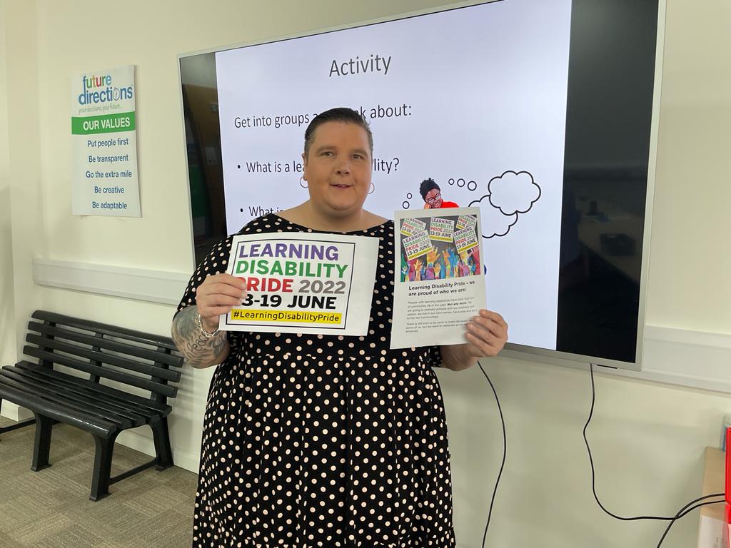 FD_SPICE's tweet photo. This week is #LearningDisabilityPride 🎊🎊🎊🎊🎊🎊
People with learning disabilities have been kept out of community life in the past. NOT ANY MORE! Today SPICE have been training staff at @FDirectionsCIC about #inclusion, #advocacy, #rights &amp;  #livingagoodlife. 

@Born2beMe___ https://t.co/k0DvAPwXW7