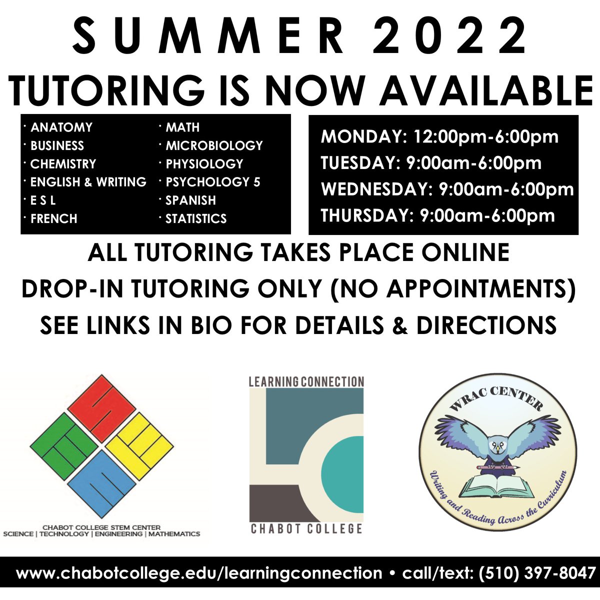 Chabot_LC's tweet image. Summer tutoring is in full swing! Check links in bio for more info.
#chabotcollegelearningconnection #chabotlearningconnection #learningconnection #chabotcollegestemcenter #chabotstemcenter #stemcenter #chabotcollegewraccenter #chabotwraccenter #wraccenter #chabotcollege #chabot