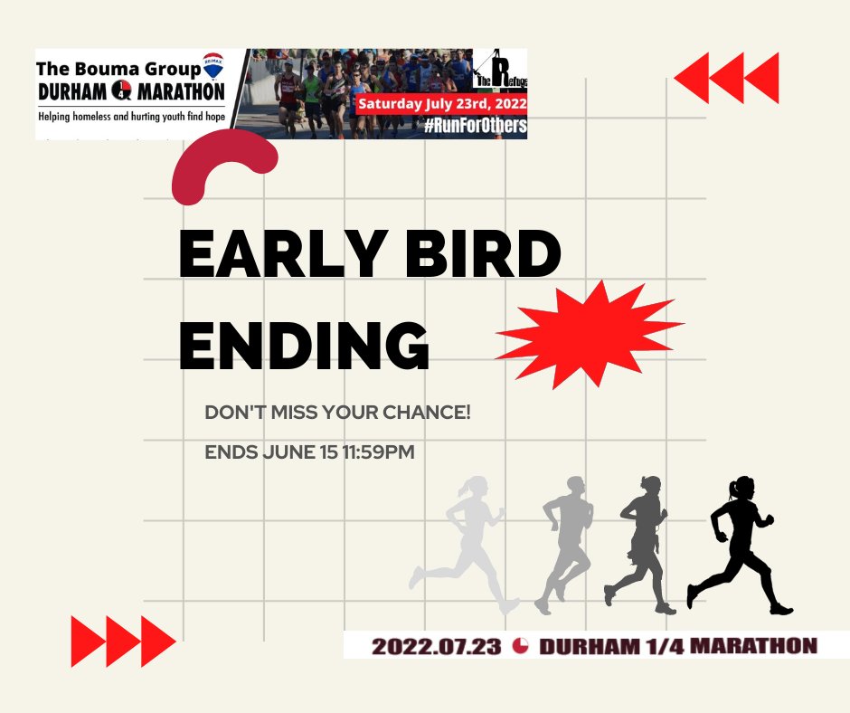 ⭐️This year's DQM is July 23rd⭐️

But our Early Bird pricing is ending TOMORROW!

‼️Click the link to grab the incredible deal while it's still here‼️

thedqm.ca

#TheBoumaGroupDQM
#DQM2022
#TheRefugeOshawa
#HelpTheHomeless
#FunFundraiser
#RunForOthers
#RunTogether