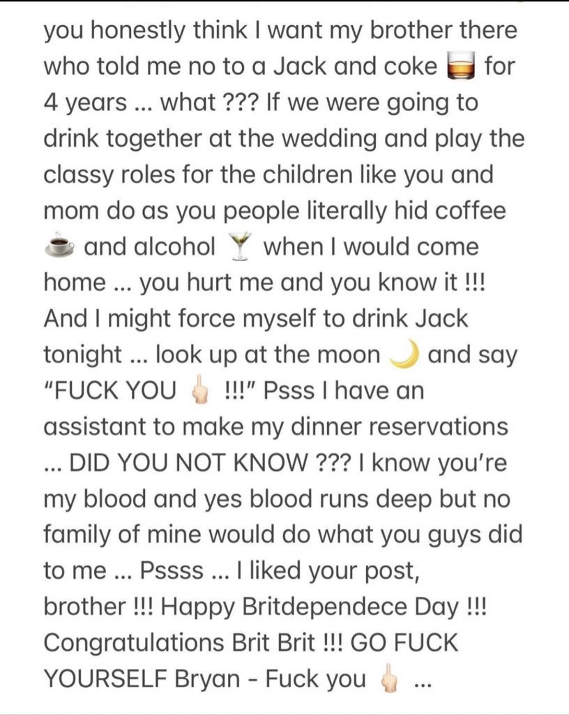 BritneyTheStan's tweet photo. Britney Spears is EXPOSING her brother Bryan and says he was NEVER invited to her wedding in the first place! https://t.co/NVnUWW9nHJ
