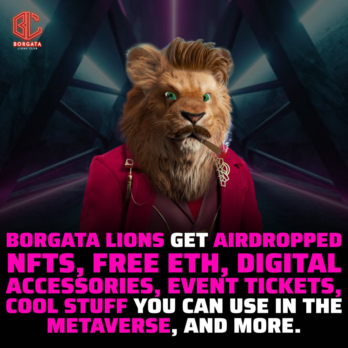 BorgataClub's tweet photo. Borgata Lions get airdropped NFTs, free ETH, digital accessories, event tickets, cool stuff you can use in the metaverse, and more.

#borgatalionsclub #nft #NFT #NFTS #cryptoart #bayc #apesinspace #fatapeclub #partyapes
#crypto #etheruem #artoftheday #nftdrop #cryptopunks https://t.co/Xt7ATUROjV
