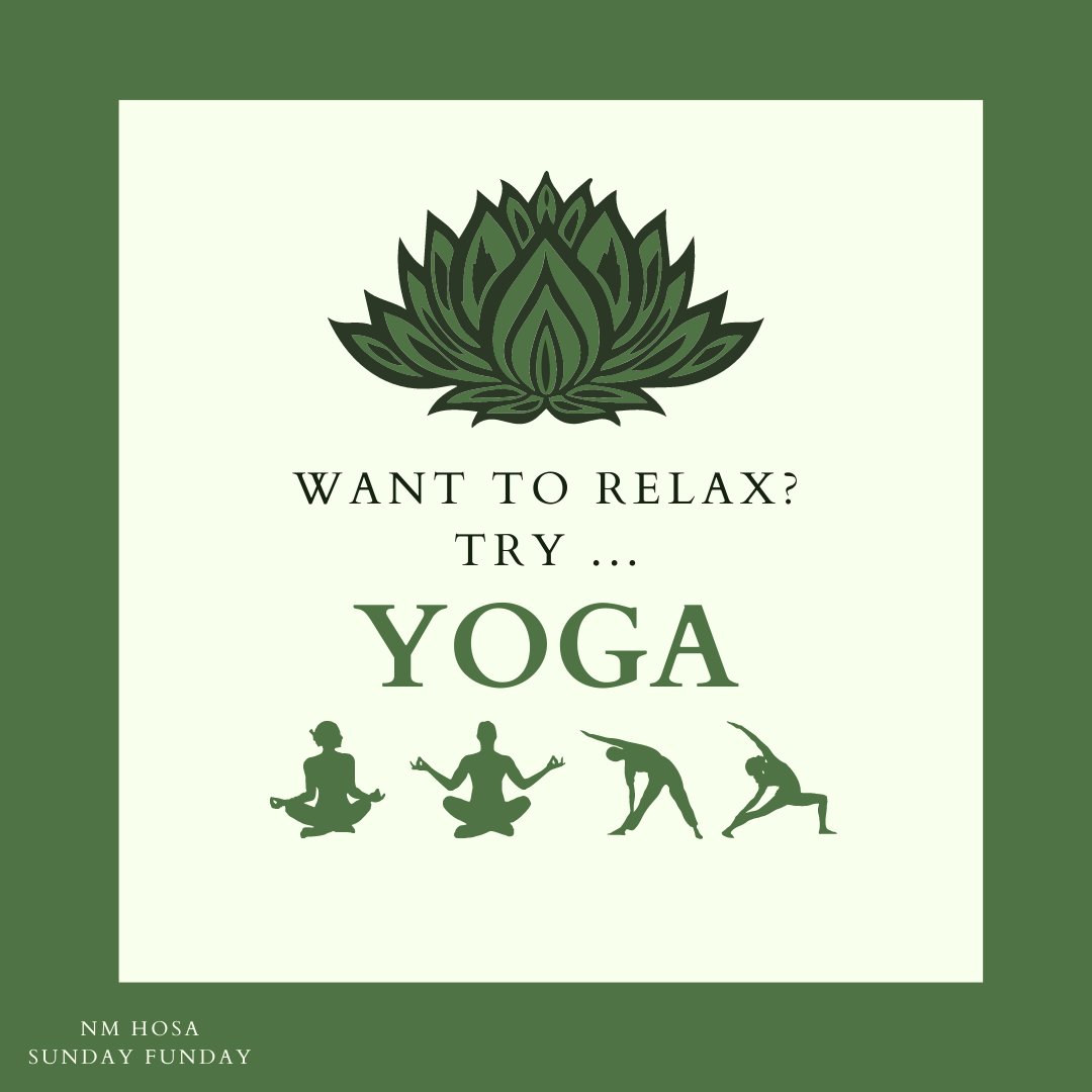 NMHOSAVPL's tweet photo. New Sunday, new activity! Yoga requires minimal equipment and is easy to follow with a YouTube video. If you’re looking to loosen up a few muscles or to relieve some boredom, consider trying it #IAMNMCTSO #NMHOSAsundayfunday #NMHOSA #CTLP #NMCTLP #HOSA #FutureHealthProfessional https://t.co/sSbUGh2s9j