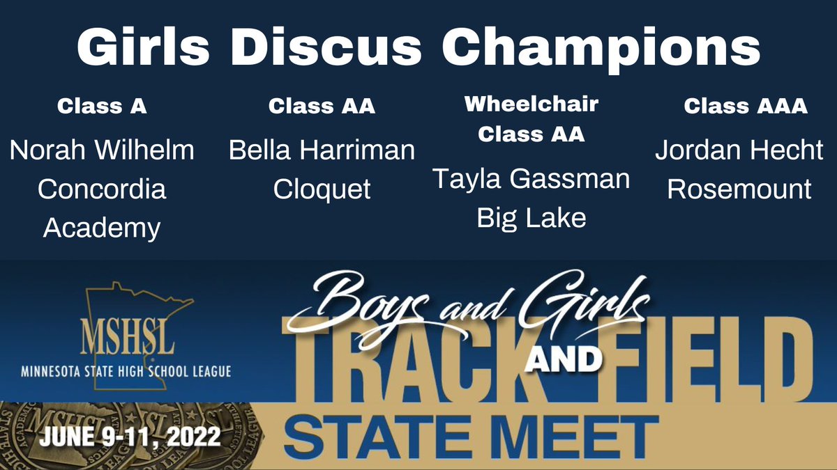 MSHSL's tweet photo. Congratulations to these Girls Discus 2022 Track and Field State Champions! https://t.co/9xeQoKwIR6
