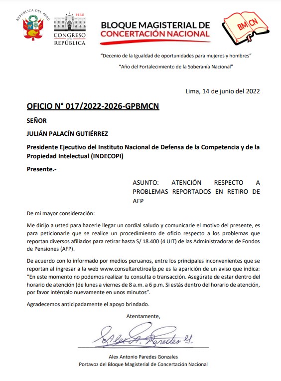 Bloque Magisterial de Concertación Nacional (@blomagisterial) on Twitter photo #LoÚltimo | Compartimos el oficio con el que el Bloque Magisterial de Concertación Nacional solicita al <a href="/IndecopiOficial/">Indecopi Oficial</a> iniciar un procedimiento de oficio para atender los reclamos de afiliados respecto al retiro de la #AFP. El documento ha sido remitido a mesa de partes. #LoÚltimo | Compartimos el oficio con el que el Bloque Magisterial de Concertación Nacional solicita al <a href="/IndecopiOficial/">Indecopi Oficial</a> iniciar un procedimiento de oficio para atender los reclamos de afiliados respecto al retiro de la #AFP. El documento ha sido remitido a mesa de partes.
