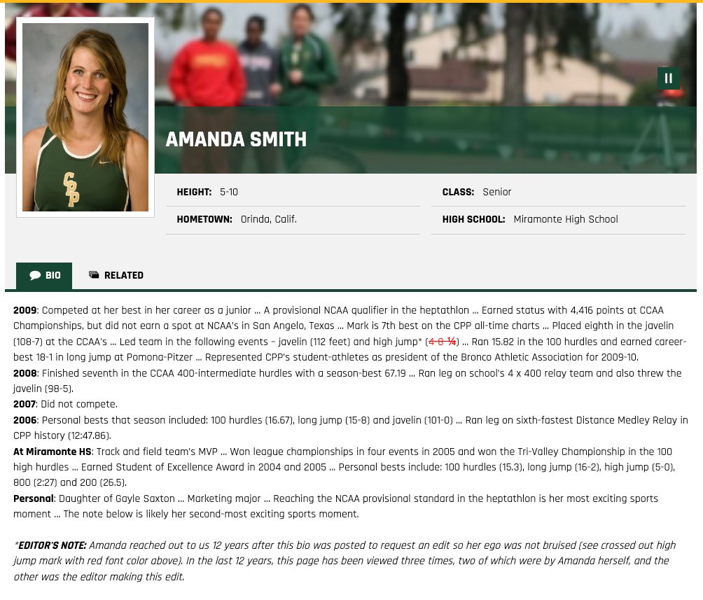 cppbroncos's tweet photo. 🚨ALUMNI SPOTLIGHT🚨
In today’s @cppbroncos Alumni Spotlight, we send a shout out to former @CPPxctf standout Amanda Smith and her impressive high jump mark from the 2009 season! See editor’s note for more information! #BroncoFamily #CPPalumni #BroncosUnited https://t.co/XaPZlheDee
