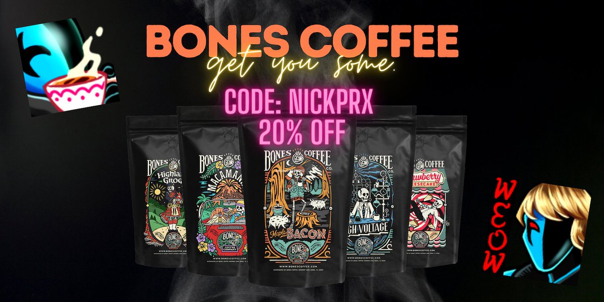 Nick_prx's tweet photo. Want some delicious unique CAWFEE? Well good news, I'm an affiliate w/ Bones Coffee! Use my referral link https://t.co/87oMBVSCID and code NICKPRX for 20% off your purchase! #coffee #twitchstreamer https://t.co/XuWHFzvriM