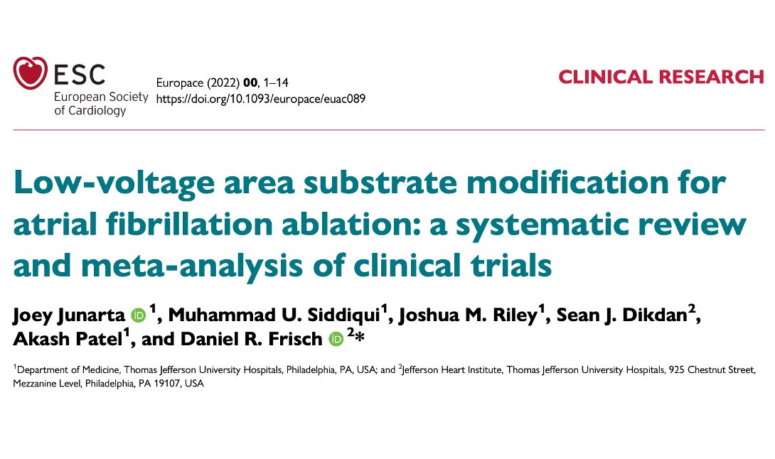 Our meta-analysis shows that LVA ablation improved freedom from arrhythmia in patients with persistent AF. Thrilled to publish this work @ESC_Journals with our team! @SiddiqiUmer @SDikdan @JoshuaMRiley1 @FrischMd @TJHeartFellows #EPeeps #CardioTwitter pubmed.ncbi.nlm.nih.gov/35696286/