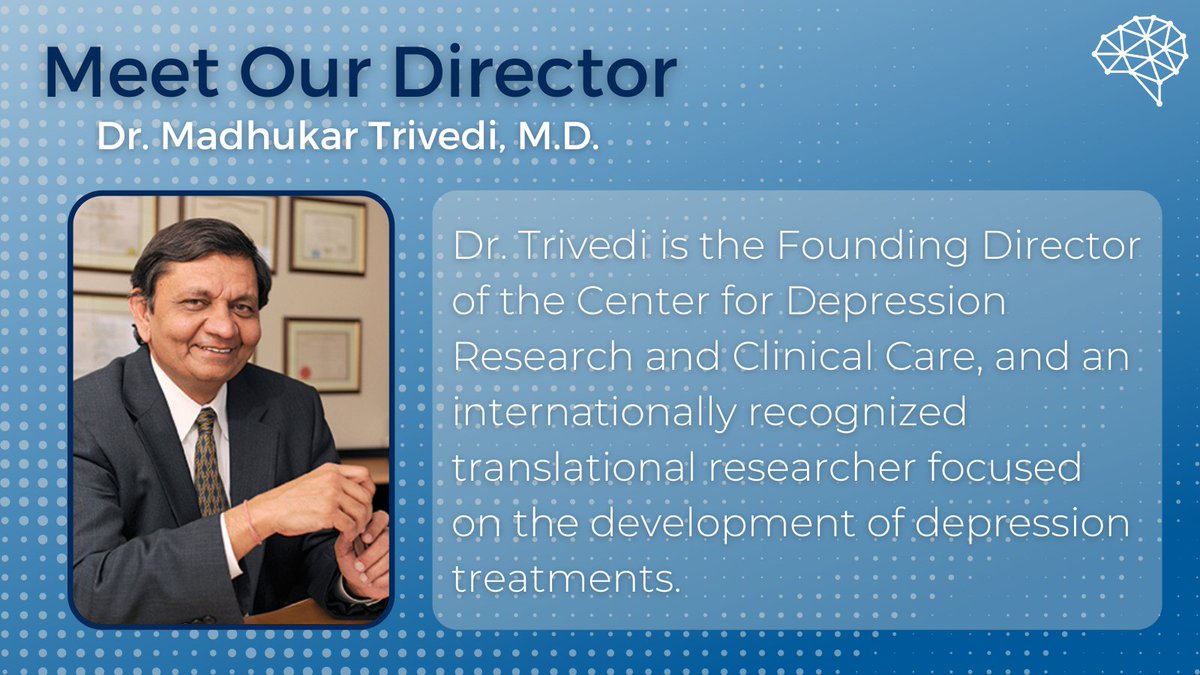 UTSW_CDRC's tweet photo. Dr. Trivedi is a professor in the Department of Psychiatry at UT Southwestern Medical Center and serves as Chief of the Division of Mood Disorders. https://t.co/xyeZ5a5GeV
#research #depressionresearch #CDRC #UTSouthwesten #solvingdepression #savingtomorrows #psychiatry https://t.co/vMRdz8s5pN
