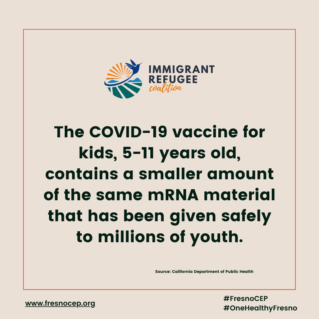 CultivaLaSalud's tweet photo. Fresno County still registering low #COVID19 vaccination rates among children 5 - 11 years old eligible to receive the vaccine. 
Let them enjoy the summer by #gettingvaccinated
National Alliance for Hispanic Health Fresno County Covid-19 Equity Project  #OneHealthyFresno https://t.co/6zxeLBmUyF