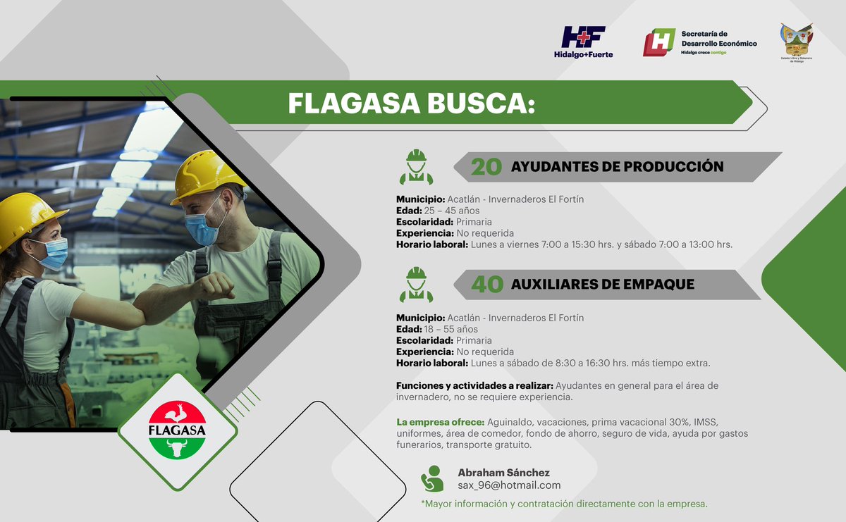 Sedeco_Hgo's tweet photo. ¿Buscas empleo? 🤔

Conoce las oportunidades que #Flagasa tiene para ti.

Vacantes disponibles en ayudantes de producción y auxiliares de empaque. 👷🏻👷🏻♀️

¡Sin experiencia necesaria!

Comunícate vía correo electrónico a:
📩sax_96@hotmail.com y conoce todos los detalles

📍Acatlán https://t.co/lWzuZYFhoZ