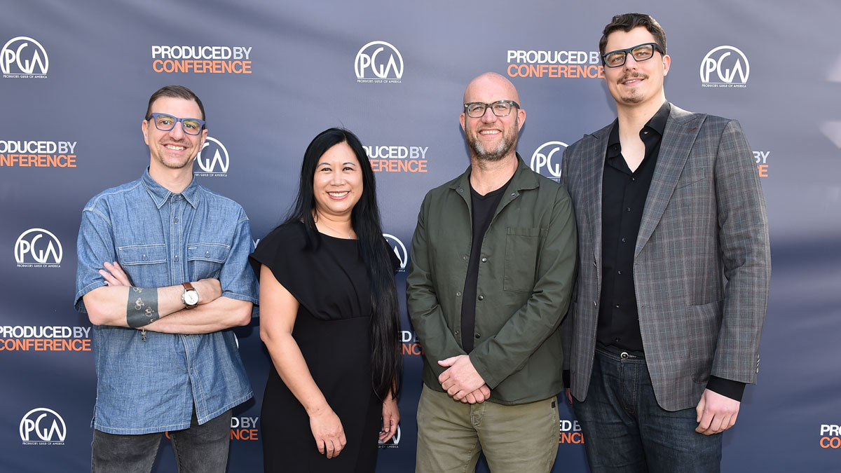 producersguild's tweet photo. Highlights from the step-and-repeat. Day 1 at the #ProducedByConference. Participants from our technical panels: 

Virtual Production — @xaviermatia (@dneg), @cleestorm (@netflix), @sjelley (@dimensionstudio) and @PhilCWM (@dneg) https://t.co/v0jrO8cY0w