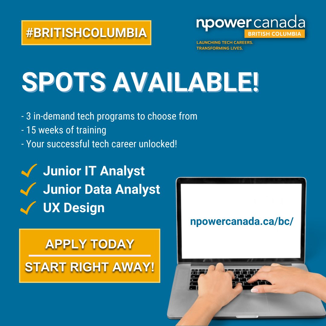 Your new career is waiting! Our free 15-week Programs in #BC are accepting applications today with applicants starting right away. Apply for one of our programs by visiting npowercanada.ca/bc/
#techcareer #techjobs #techskills #career #womenintech #canadajobs