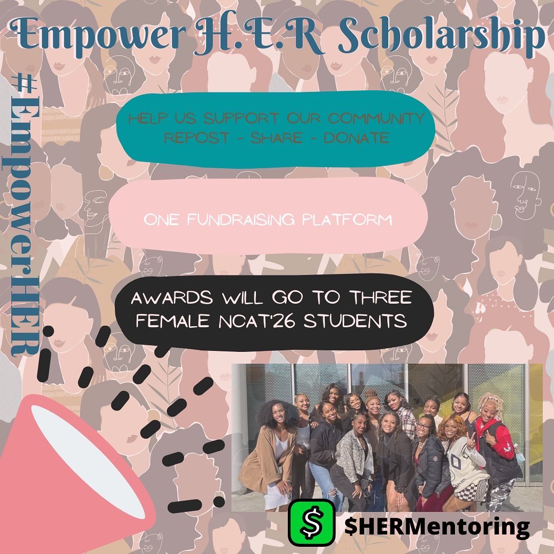 mentoringforher's tweet photo. Mentoring for H.E.R. presents the “Empower H.E.R.” scholarship for incoming students/freshmen at NC A&amp;T! Be sure to apply before the application closes July 15th, 2022! We will be rewarding 3 incoming freshmen! The link for the applications in our bio #mentoringforher🦋💕#ncat26 https://t.co/76Pd6rRJ5m