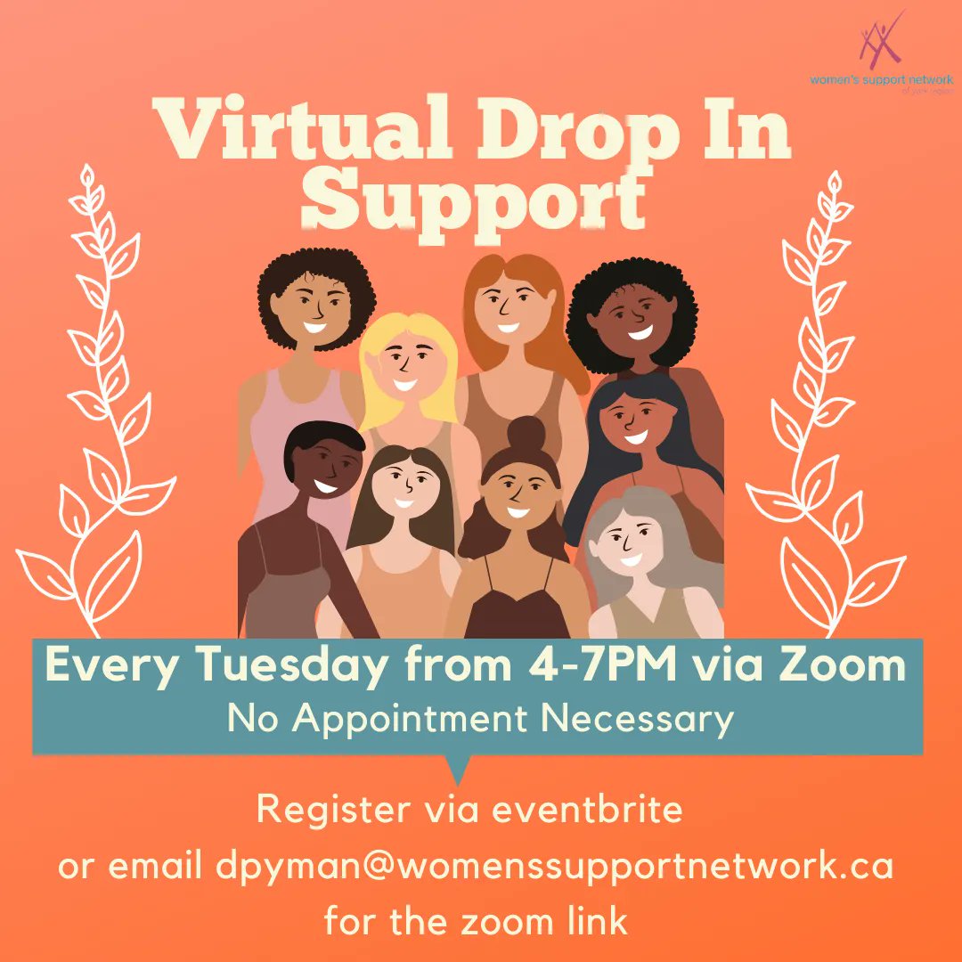 WSNYorkRegion's tweet photo. Virtual Drop In Support is happening TONIGHT from 4-7PM! Drop into our virtual support to speak privately with one of our support workers, no appointment necessary. Register via our Eventbrite or email dpyman@womenssupportnetwork.ca for the zoom link. #VirtualDropInSupport https://t.co/esURXVzOkf