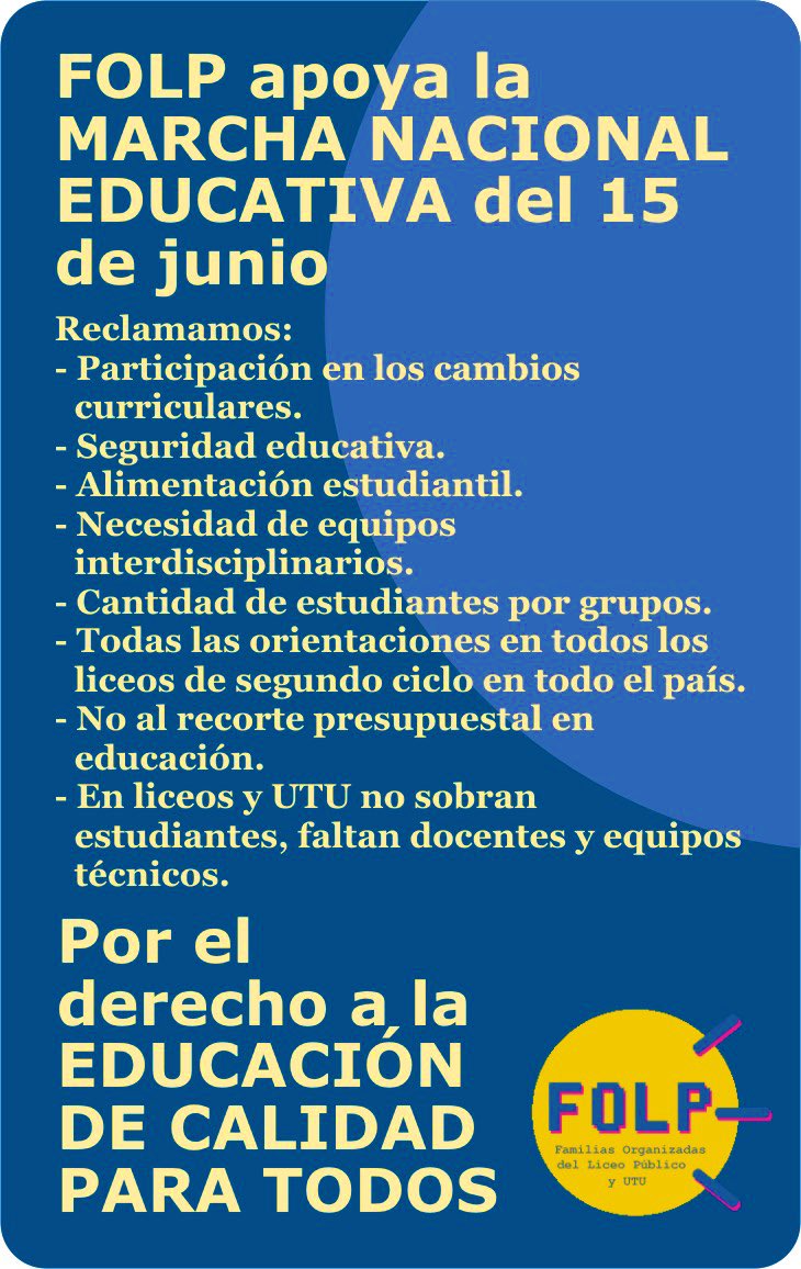del_familias's tweet image. Las familias organizadas de estudiantes de liceos públicos y UTU apoyamos la #MarchaNacionalEducativa.
#EnDefensaDeLaEducaciónPública

🗓15 de junio
⏰10 h.
📍explanada Udelar