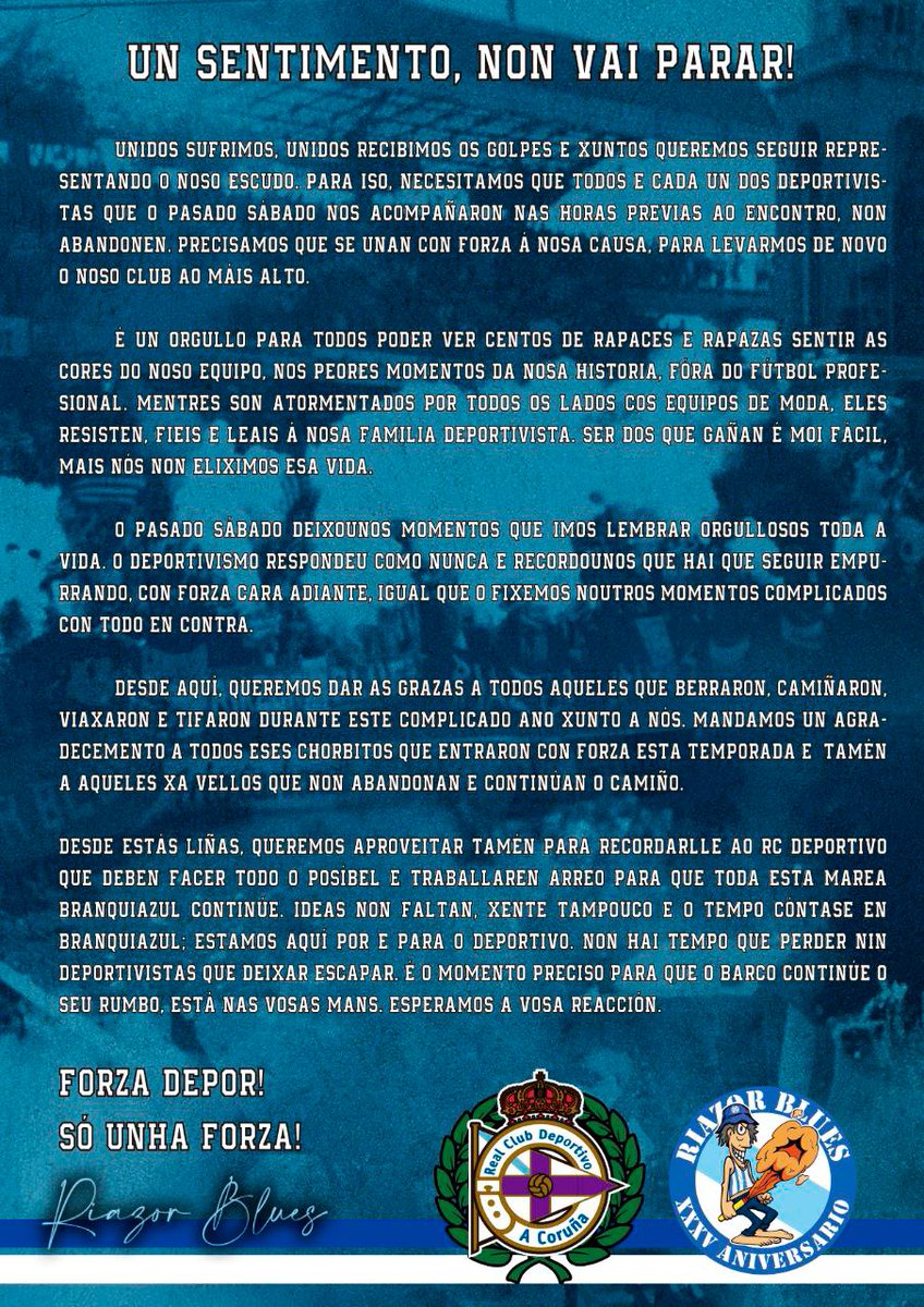 Foi un ano duro para todos, mais deste barco non vai baixar ninguén. Todo o contrario, temos que encher o barco de deportivistas. 

<a href="/RCDeportivo/">RC Deportivo</a> , estamos xa á espera da vosa resposta.

Coa nosa paixón, venceremos calquera desilusión.