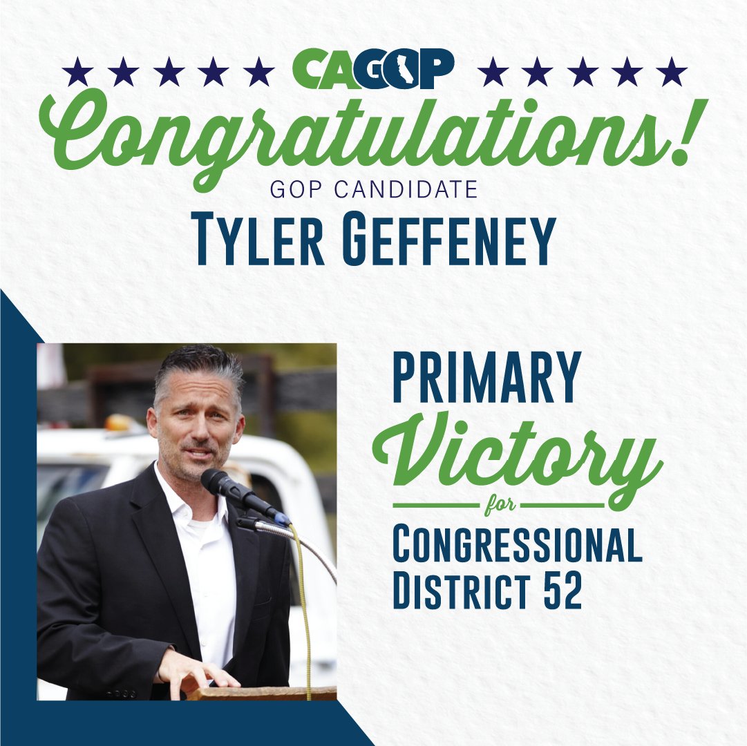 CAGOP's tweet photo. CAGOP congratulates primary winner Tyler Geffeney in Congressional District 52! #CD52 #VoteRed https://t.co/VSmG9MhKII