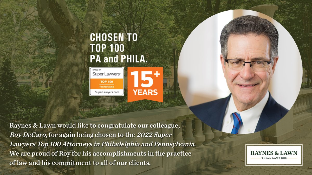 Congratulations to Roy DeCaro who was once again recognized by his peers and named to the Top One Hundred Attorneys in Philadelphia and Pennsylvania Super Lawyers list. Learn more about Roy: rayneslaw.com/attorney/a-roy… 
 #SuperLawyers #InjuryAttorney #TrialAttorney #Philadelphia