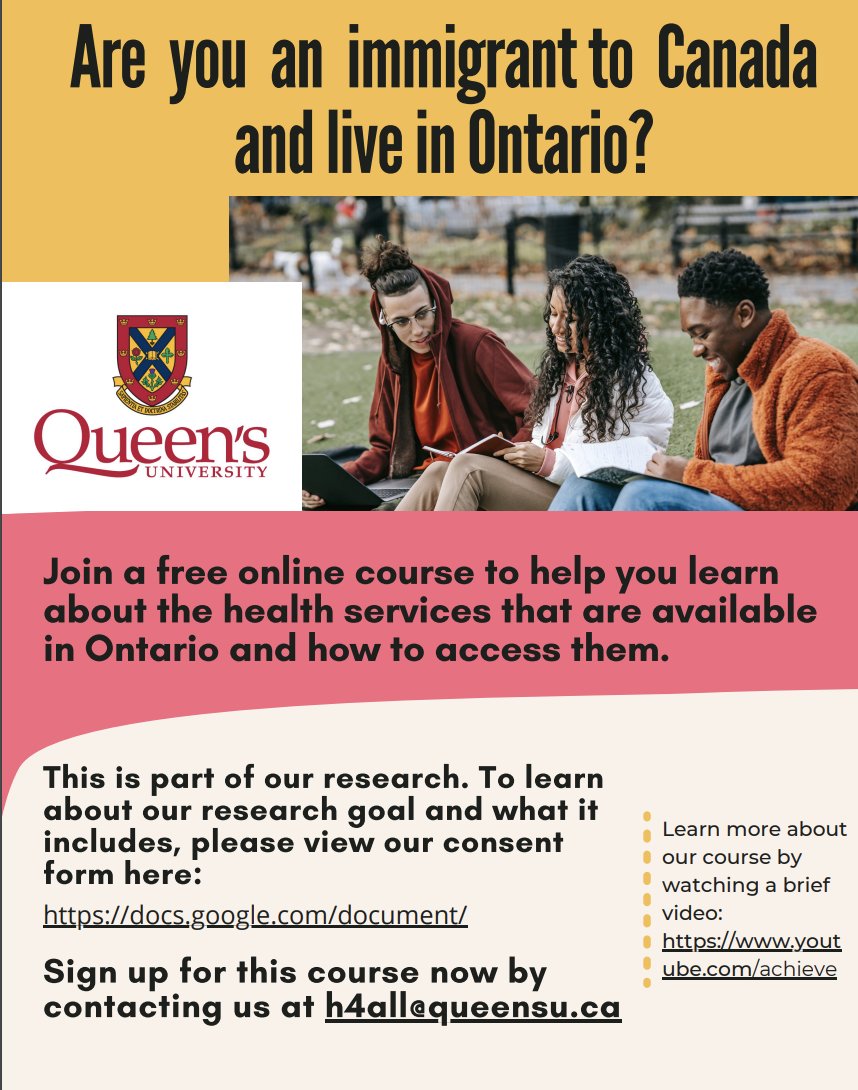 Health4All16's tweet photo. Join our free course to learn how to access health services and how to access them in Ontario. Our DMs are open for any questions or e-mail us at h4all@queensu.ca to register!

Please share widely! All immigrants in Ontario are welcome to join this course for free! https://t.co/43ZA2dEyHl