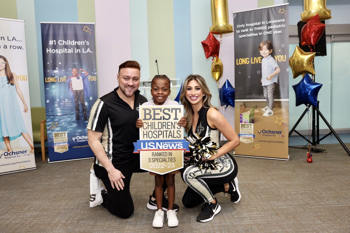 OchsnerHealth's tweet photo. We are celebrating! 🎉🎉🎉 Ochsner Hospital for Children is proud to be recognized by @USNewsHealth for Best Children’s Hospital in Louisiana for 2022-2023! The @Saints Cheer Krewe joined our patients, families, physicians, nurses and other staff for a ceremony! https://t.co/NFjrAq7MrX