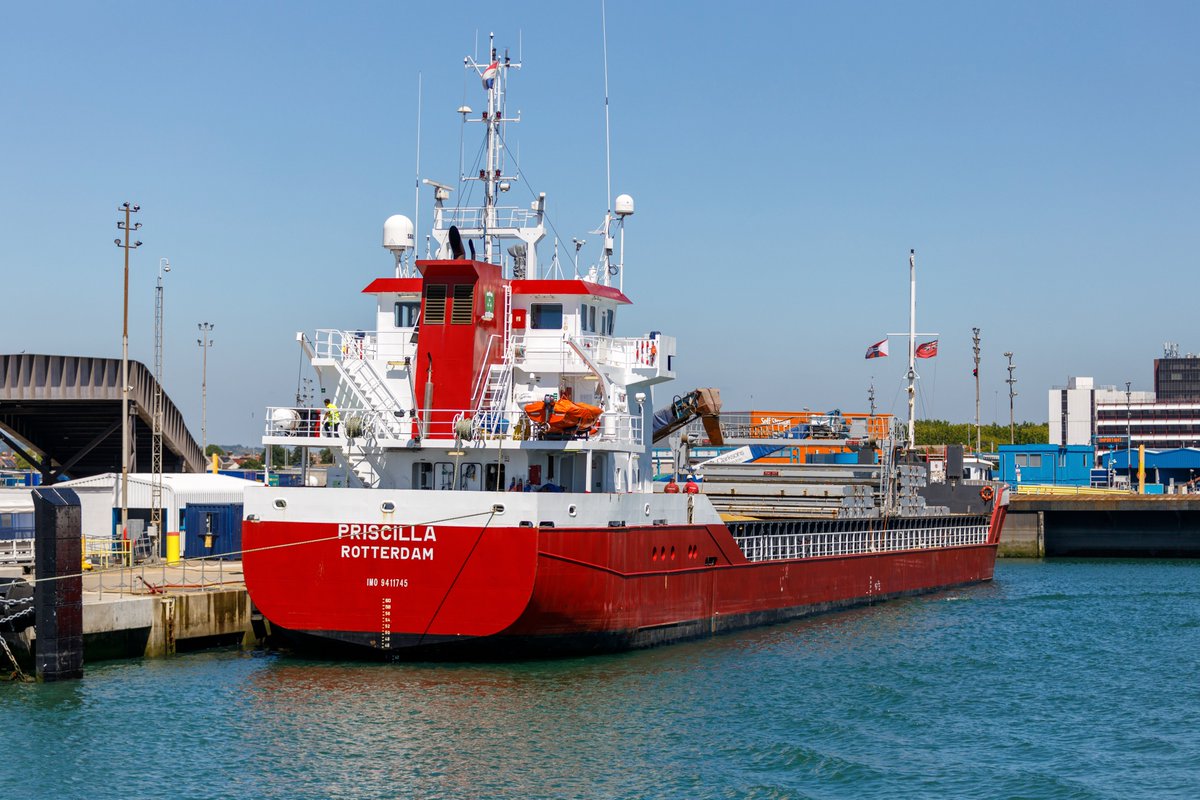 General cargo 'Priscilla' loading grain at Portsmouth International Port bound for Rotterdam. Pictured 14/06/22