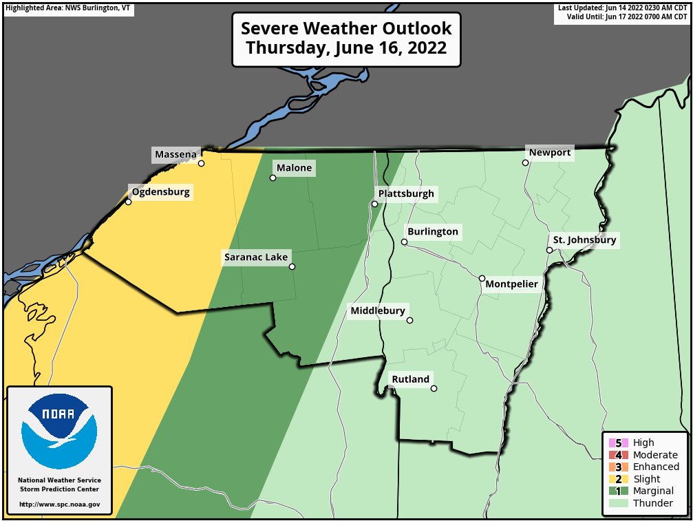 NWSBurlington's tweet photo. Looking ahead, scattered severe thunderstorms are possible on Thursday, especially in the St. Lawrence Valley, as a series of fronts cross the North Country. #NYwx #VTwx https://t.co/to45jLpcn4