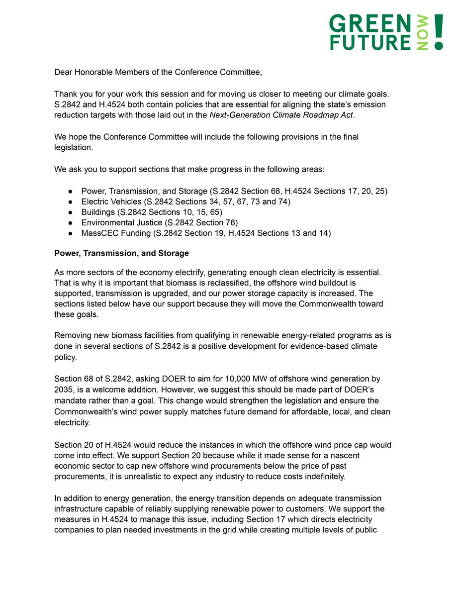GreenFutureNOW's tweet photo. Massachusetts has the chance to pass a great climate bill! In this letter to the climate conference committee, we outline a few of the provisions that we hope to see passed into law. #mapoli https://t.co/jRtEqarKL6