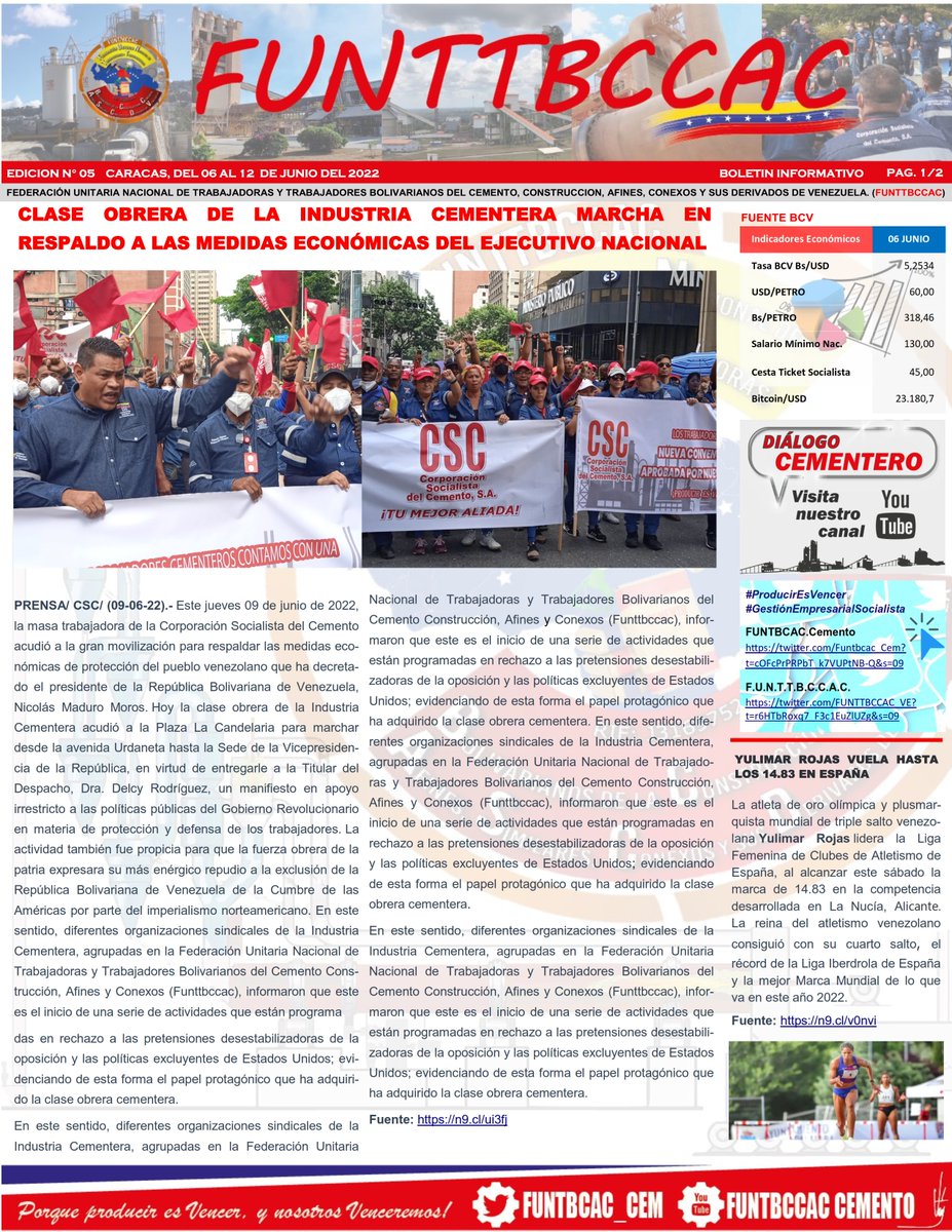 Funtbcac_Cem's tweet photo. #14Jun Te invitamos a leer la #Edición Nro. #5 del #Semanario de la @FUNTTBCCAC_VE y entérate de las últimas #Novedades de la #Semana.
#ProducirEsVencer 
#VenezuelaEnKuwait
#GestionEmpresarialSocialista
@IndustriasVE 
@MinTrabajoVE 
@NicolasMaduro https://t.co/MUrP7VQaVS