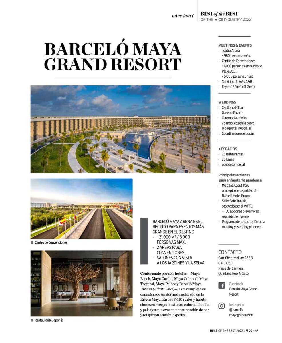 #MICEHotel #BestoftheBestMDC
¡Felicidades <a href="/BarceloMayaGR/">Barceló Maya Grand R</a>! Elegido como uno de los mejores especializados en #reuniones por el “Best of the Best of the #MICE Industry 2022” by MDC THE EVENT PLANNER’S READERS’ CHOICE AWARDS🏆. <a href="/barcelohoteles/">Barceló Hotel Group</a> <a href="/MeetBarcelo/">MeetBarceló</a> @CaribeMexico <a href="/SedeturQROO/">Sría. de Turismo Quintana Roo</a>
